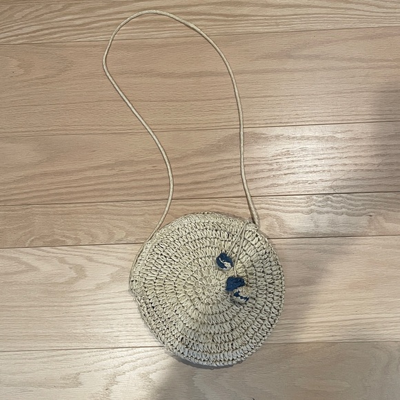Circular Straw /Raffia Crossbody Bag with Pom Poms and Zipper Enclosure - Picture 8 of 9
